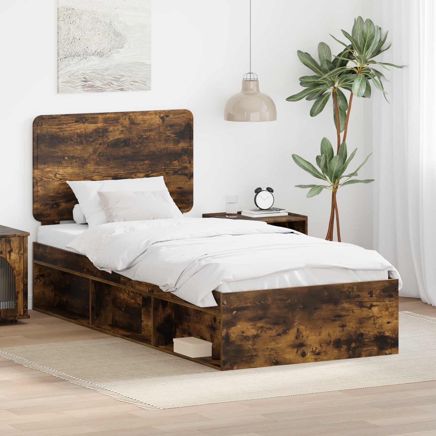 Sengestamme med hodegjerde Røkt eik 90 x 200 cm Massiv furu