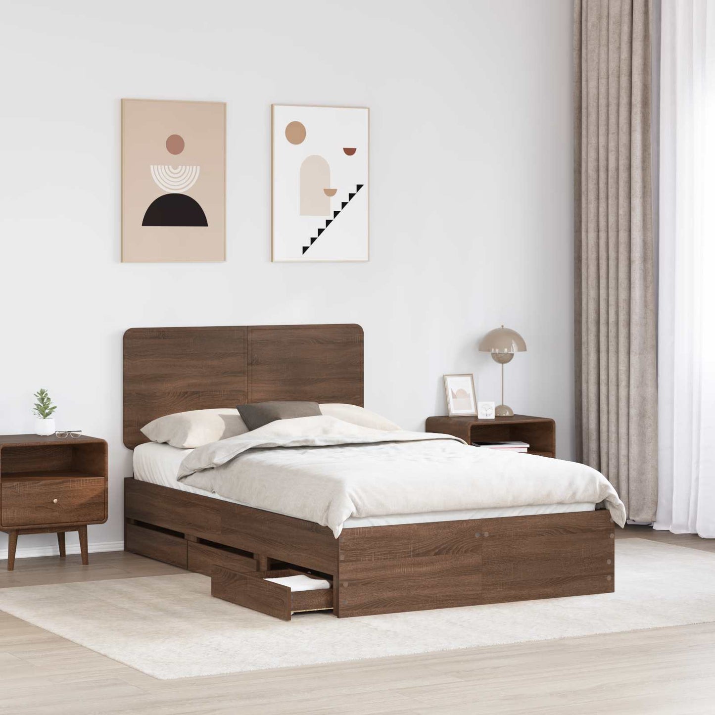 Sengestamme med skuff Brun Eik 135 x 190 cm Ingeniørtre