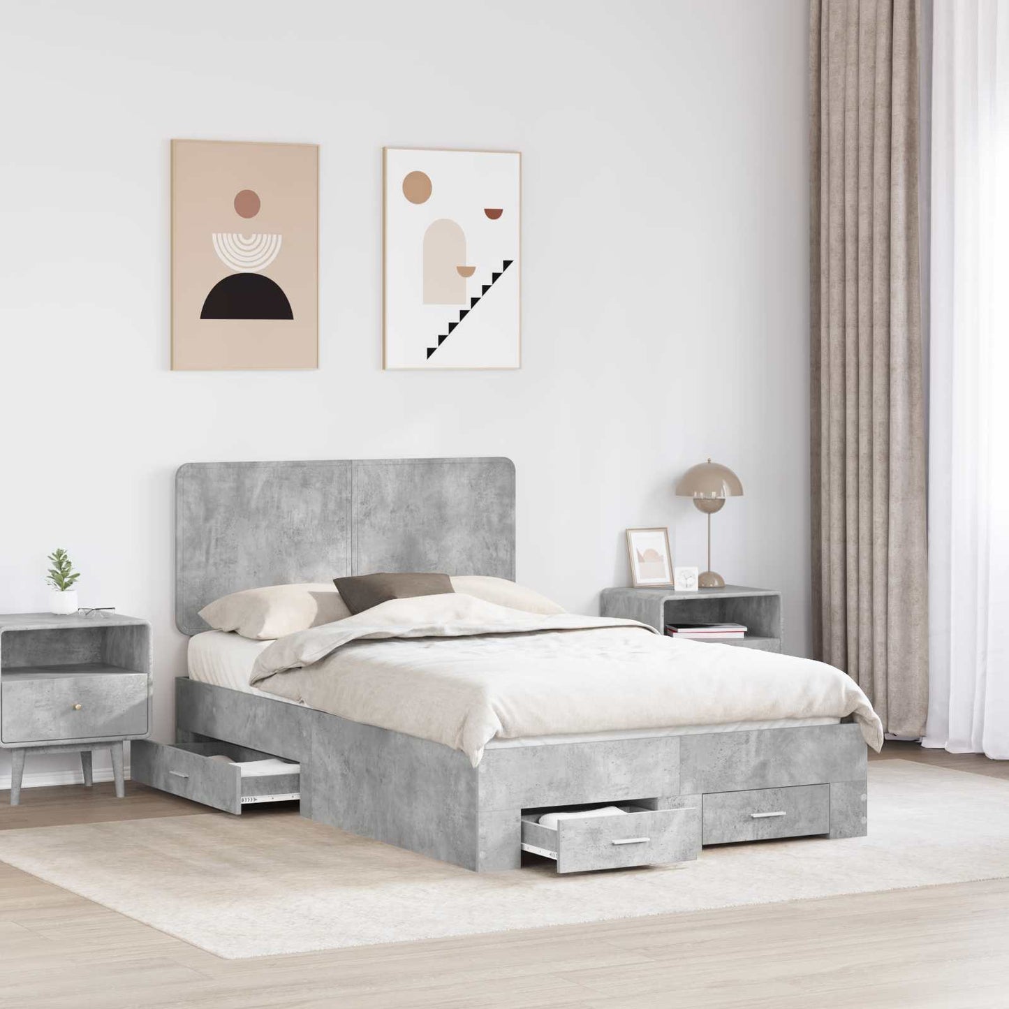 Sengestamme med skuff Betonggrå 135 x 190 cm Konstruert tre