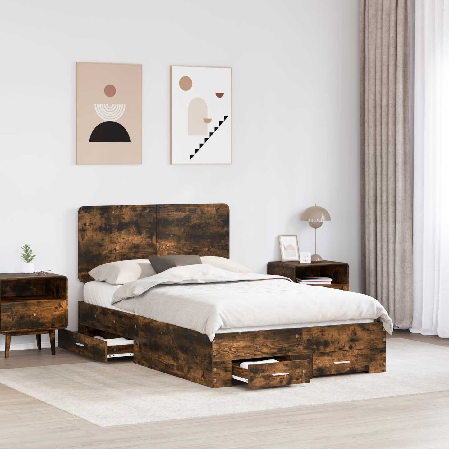 Sengestamme med hodegjerde Røkt eik 135 x 190 cm Konstruert tre