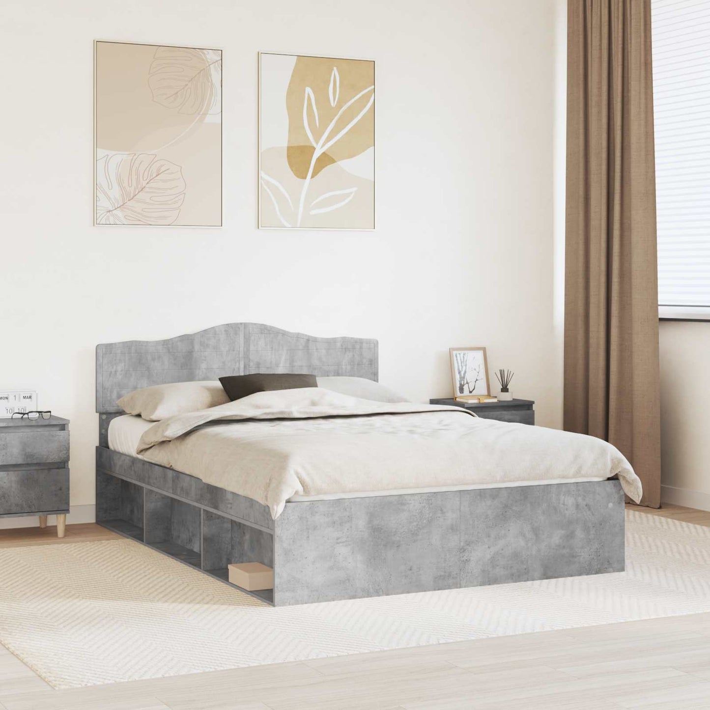 Sengestamme med hodegjerde Betong 140 x 190 cm Massiv furu