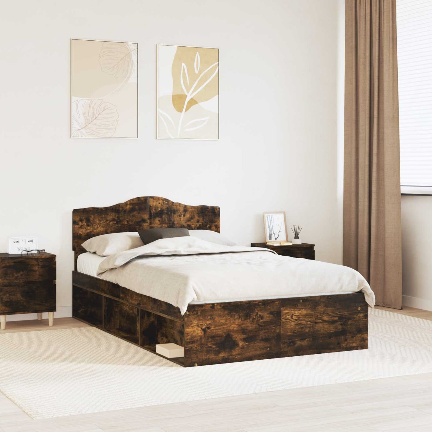Sengestamme med hodegjerde Røkt eik 135 x 190 cm Massiv furu