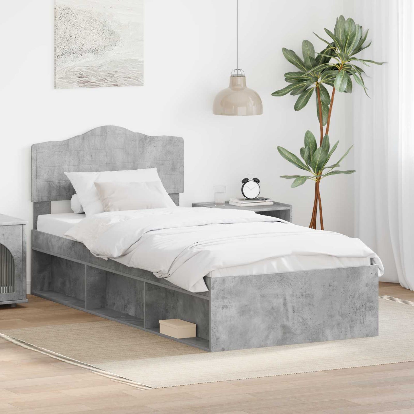 Sengestamme med hodegjerde Betonggrå 90 x 190 cm Massiv furu