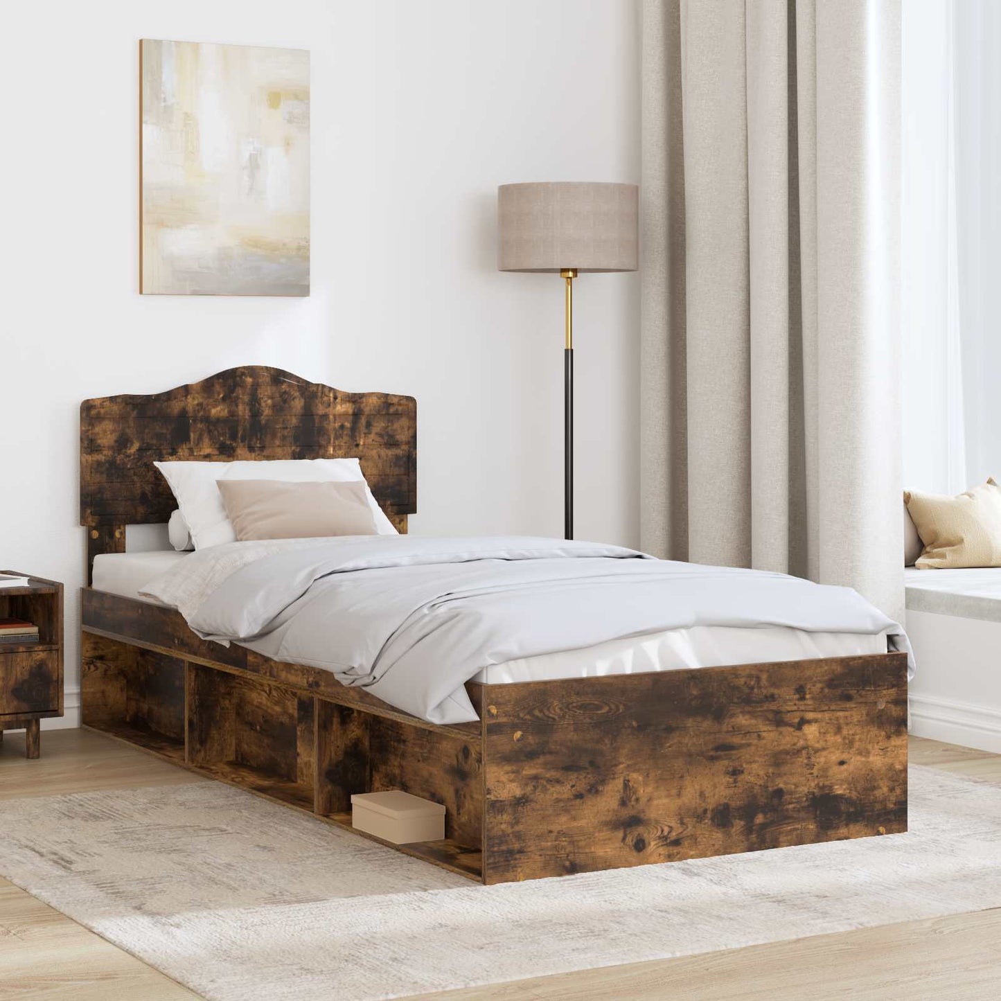 Sengestamme med hodegjerde Røkt eik 75 x 190 cm Massiv furu