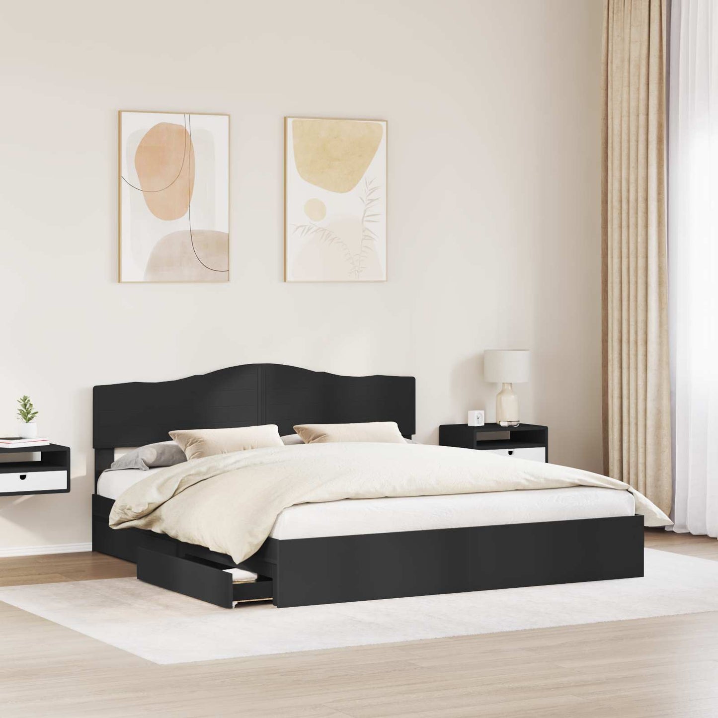 Seng med Oppbevaring Svart 200 x 200 cm Konstruert tre