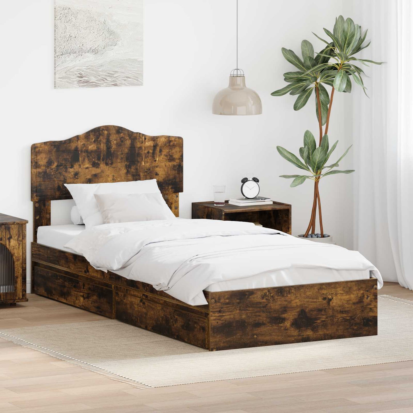 Seng med Oppbevaring Røkt eik 70 x 190 cm Konstruert tre