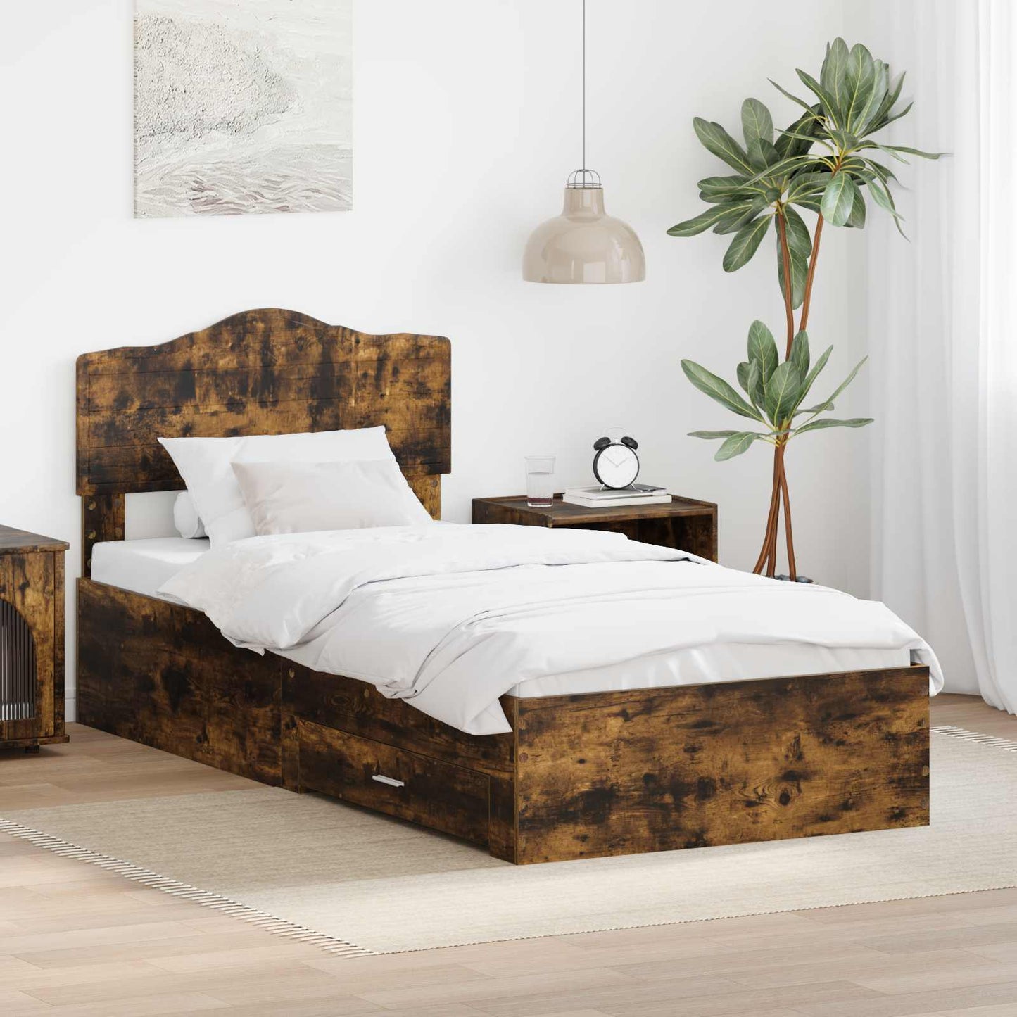 Sengestamme med hodegjerde Røkt eik 70 x 190 cm Konstruert tre