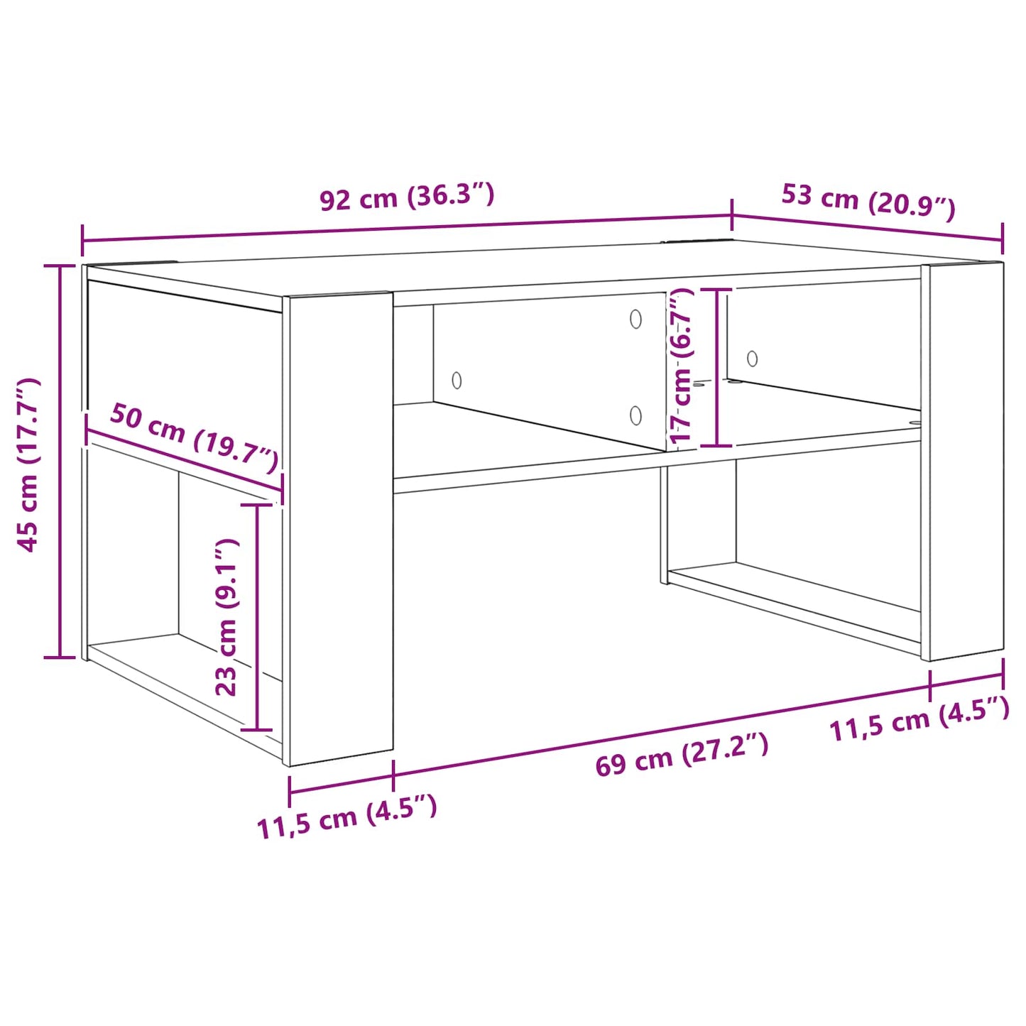 Kaffebord med lagring Sonoma eik 92 x 53 x 45 cm Konstruert tre