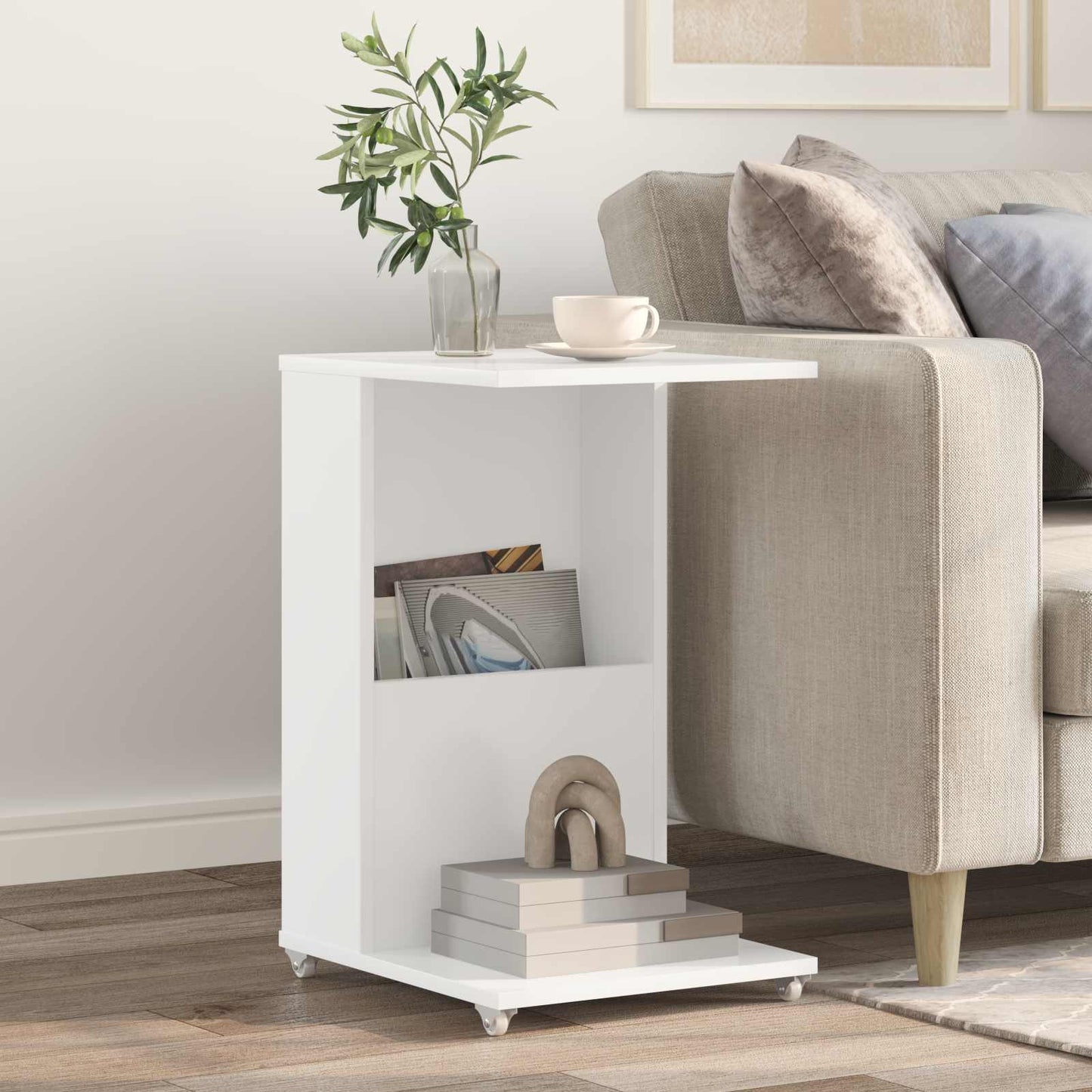 Sidetabell med hjul Hvit 40 x 35 x 60 cm Konstruert tre