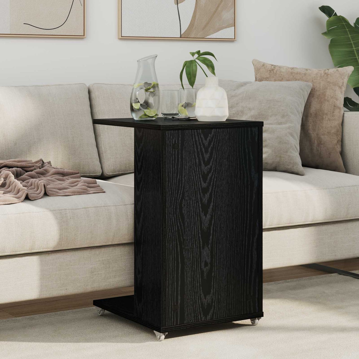 Sidetabell med hjul Svart Eik 40 x 35 x 60 cm Konstruert tre
