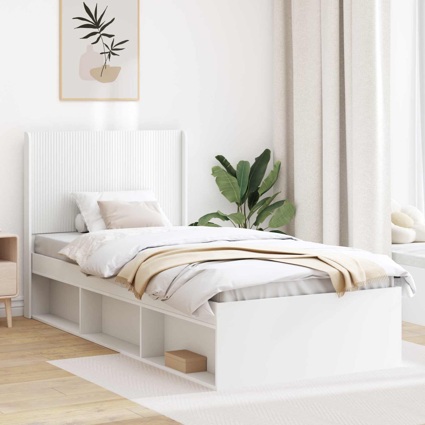 Sengramme med oppbevaring og hodegavl Hvit 90 x 200 cm