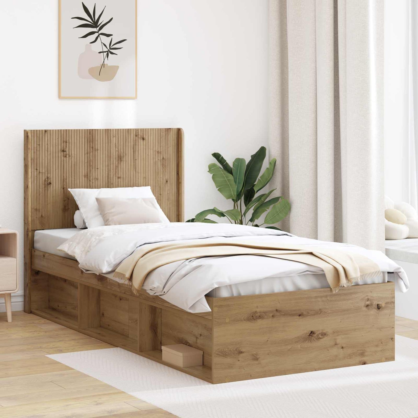 Sengramme med oppbevaring og hodegavl Artisan eik 90 x 200 cm