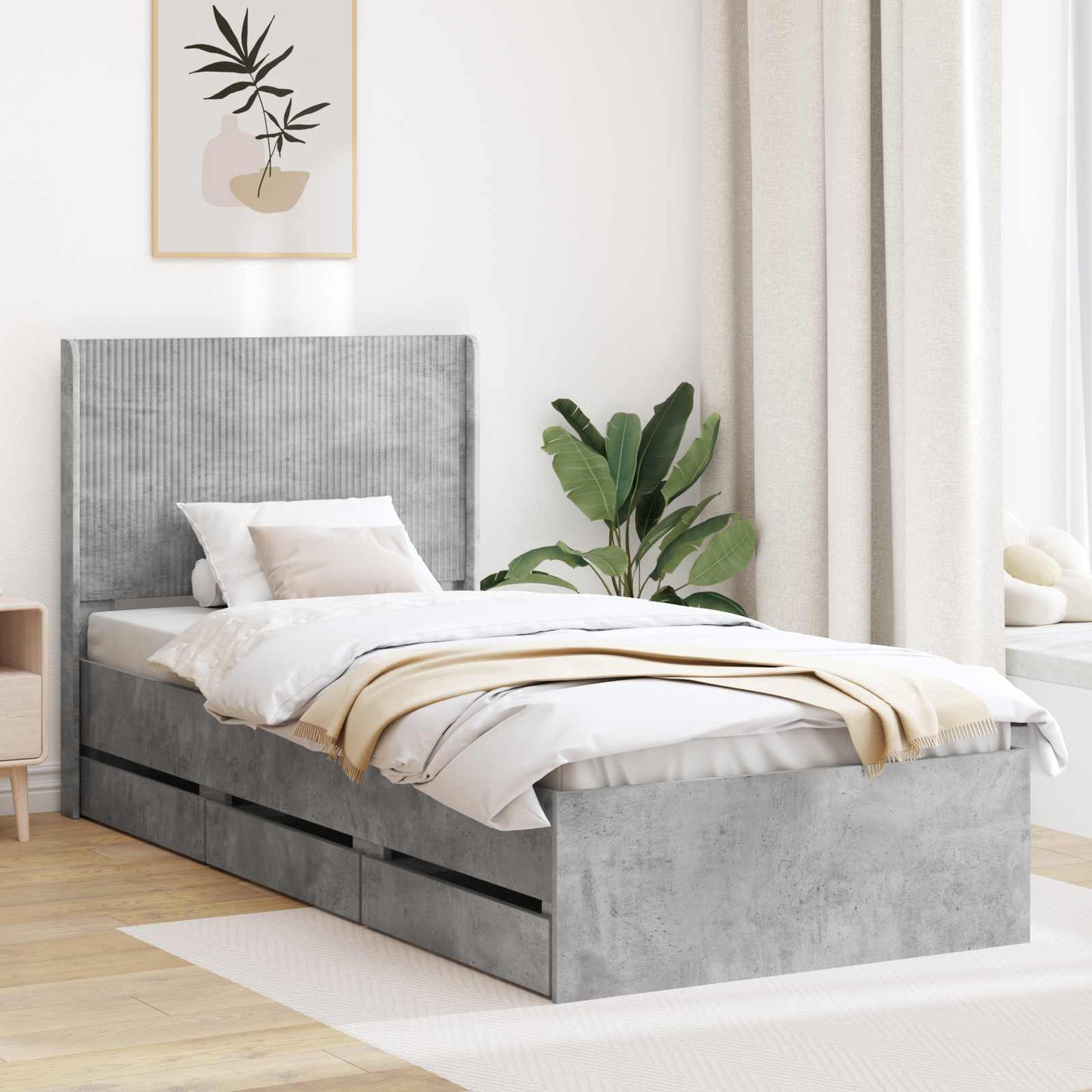 Sengramme med oppbevaring og hodegavl Betonggrå 75 x 190 cm