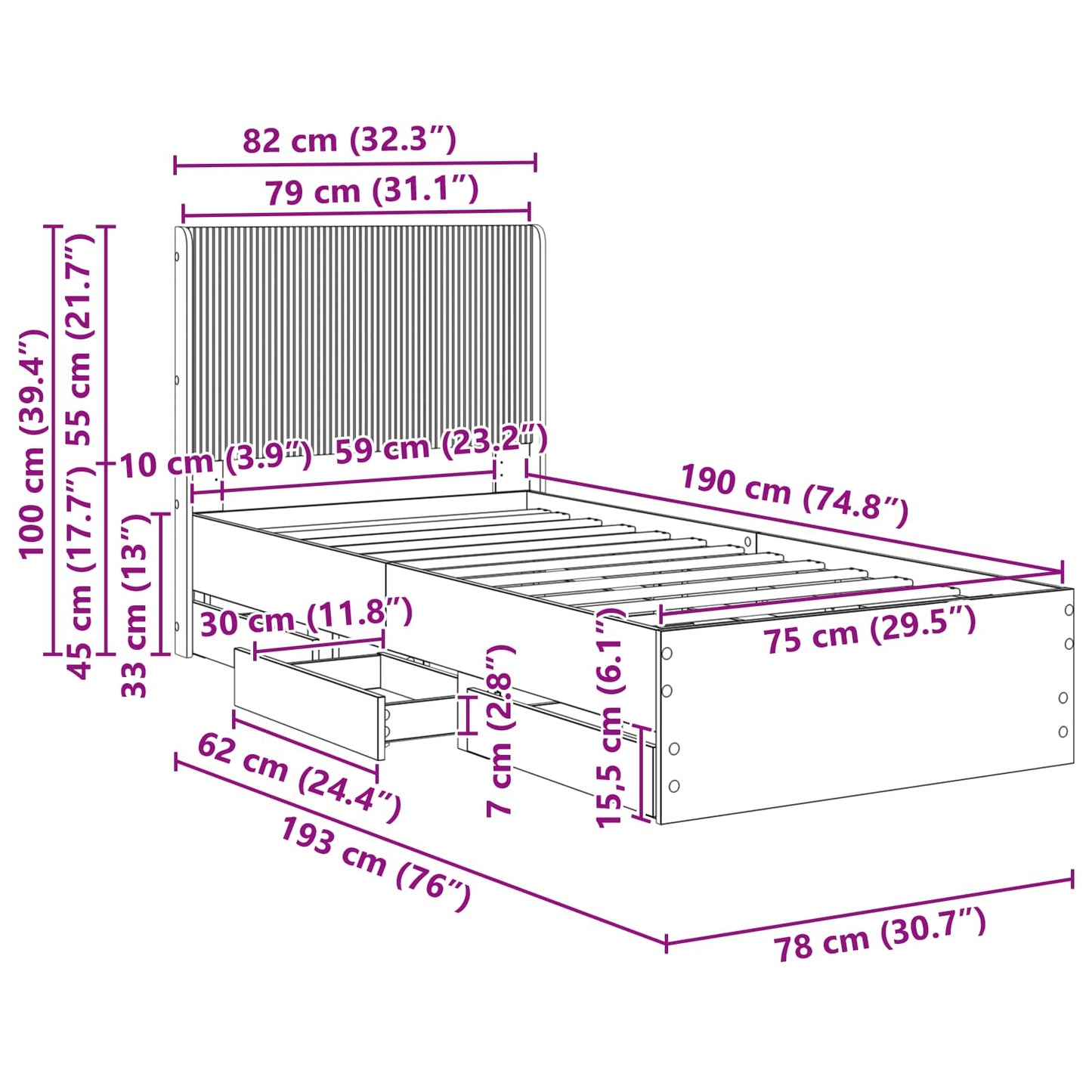 Sengramme med oppbevaring og hodegavl Betonggrå 75 x 190 cm