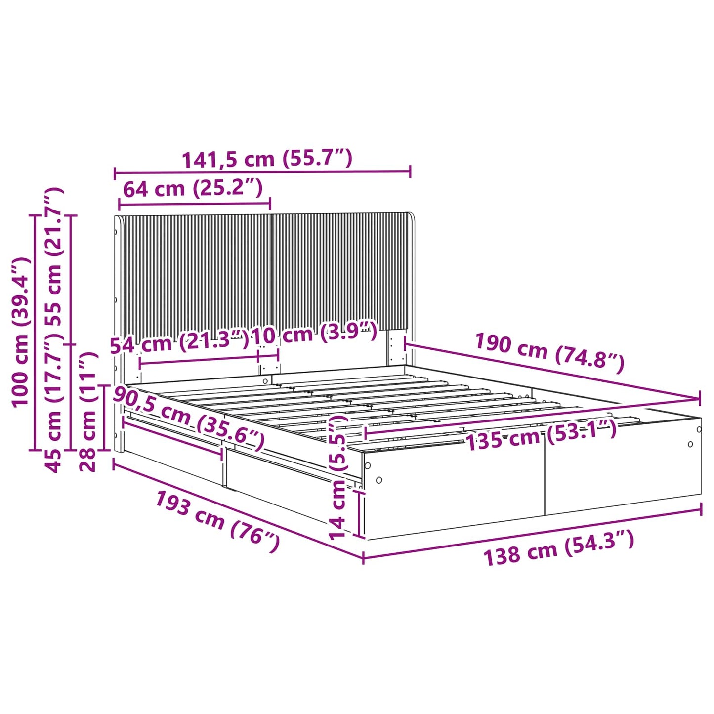 Sengramme med oppbevaring og hodegavl Sonoma eik 135 x 190 cm