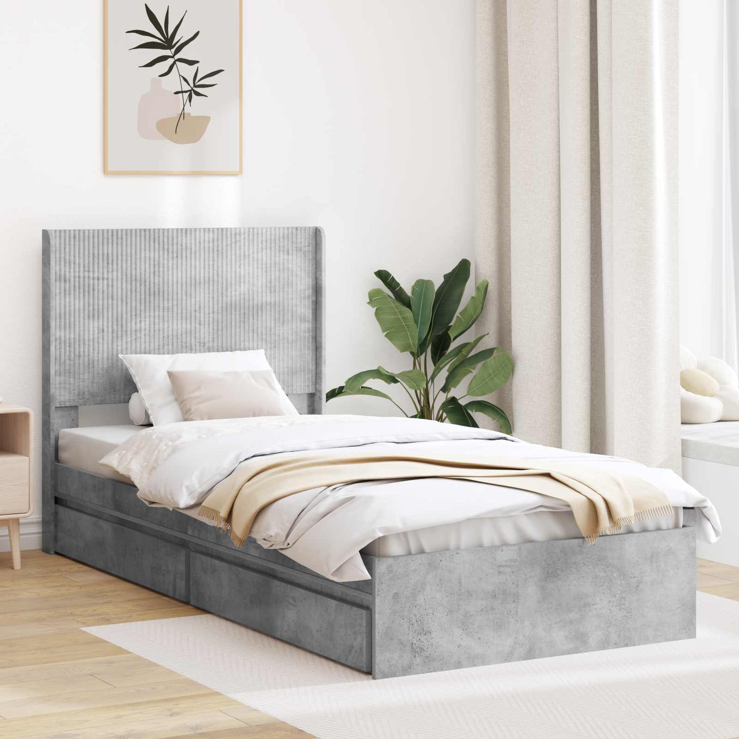 Sengramme med oppbevaring og hodegavl Betonggrå 90 x 190 cm
