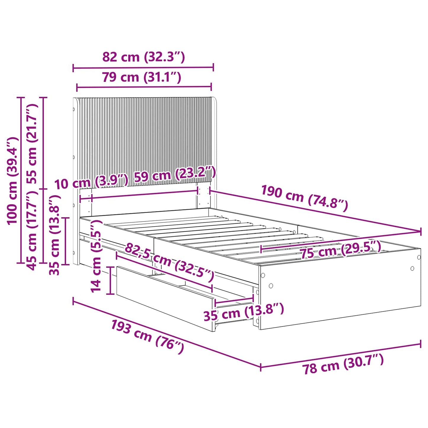 Sengramme med oppbevaring og hodegavl Svart 75 x 190 cm