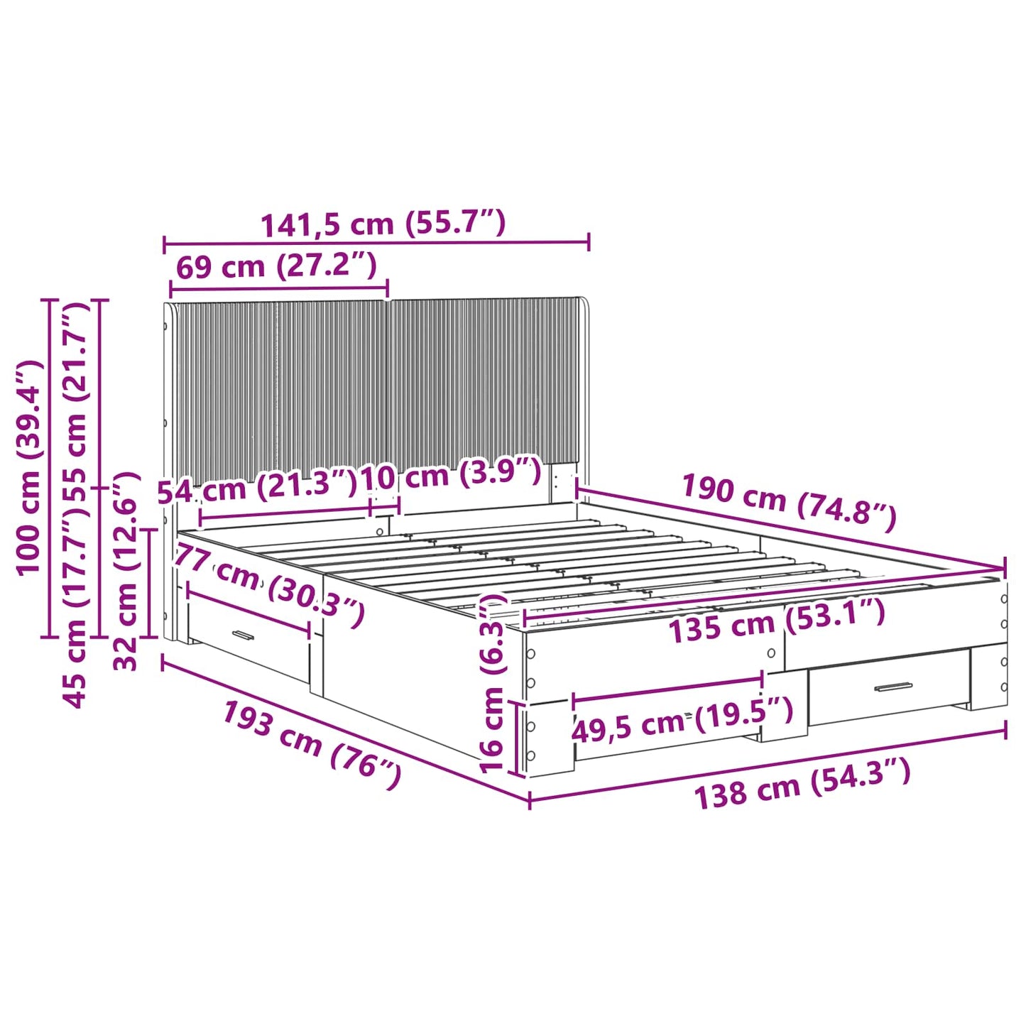 Sengramme med oppbevaring og hodegavl Svart 135 x 190 cm