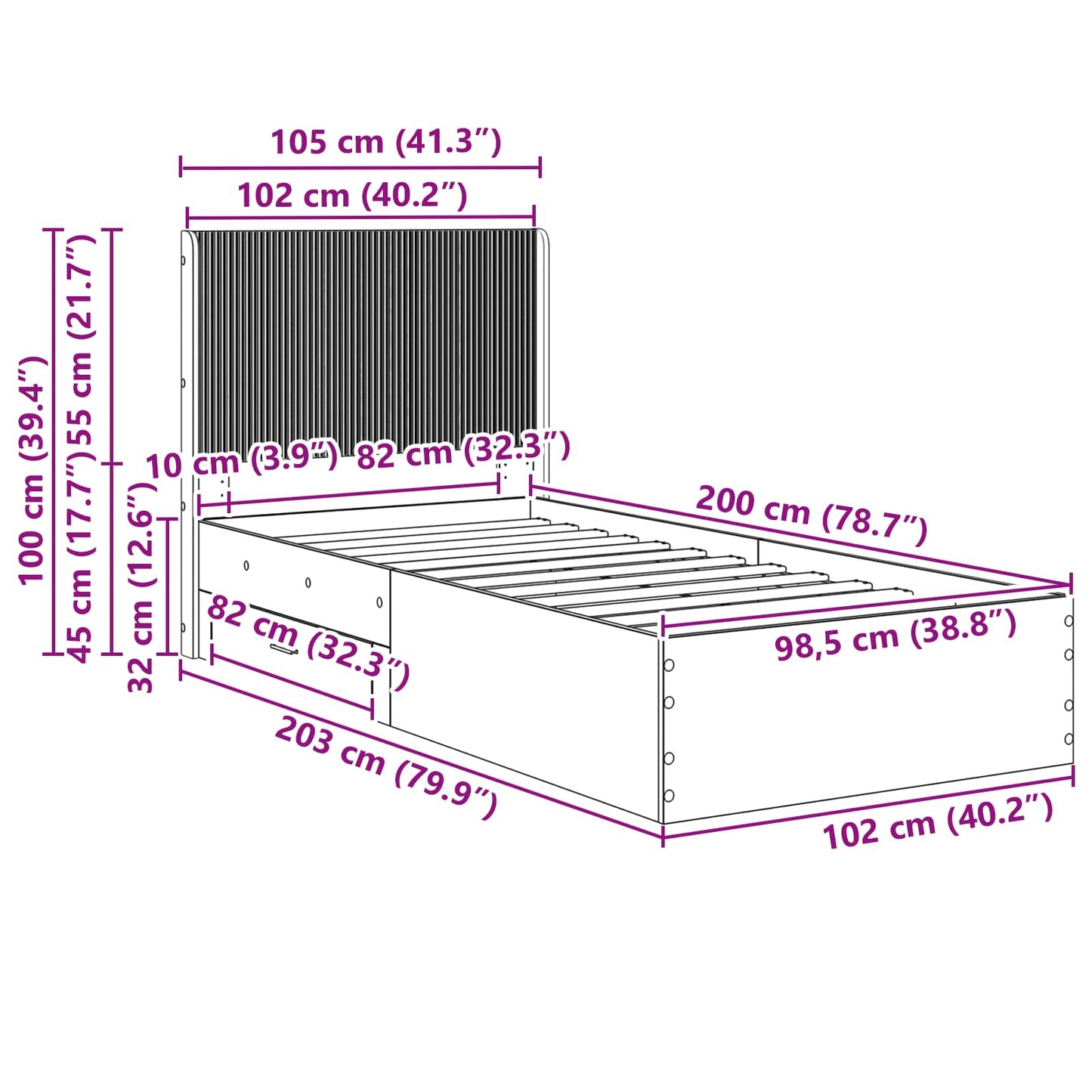 Sengramme med oppbevaring og hodegavl Sonoma eik 100 x 200 cm