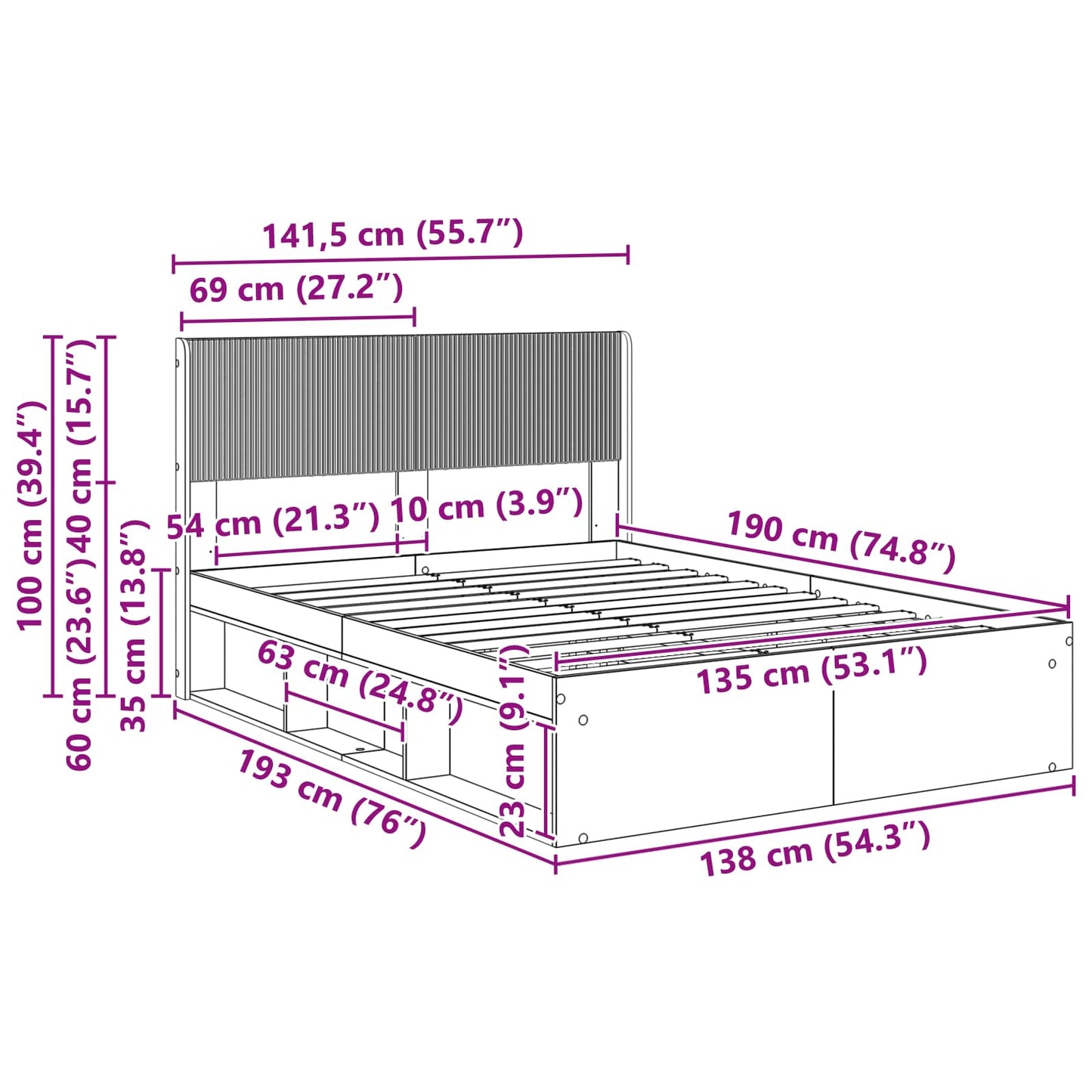 Sengramme med oppbevaring og hodegavl Svart 135 x 190 cm