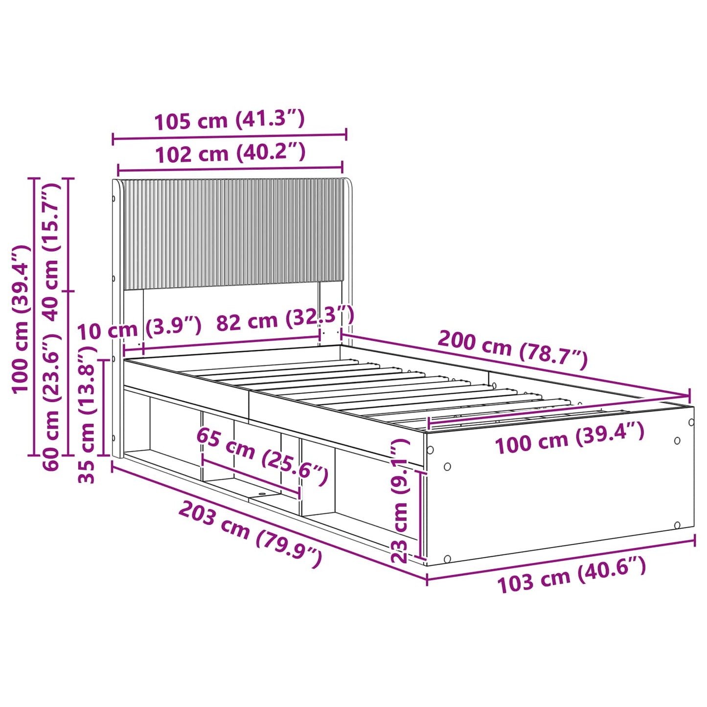Sengramme med oppbevaring og hodegavl Artisan eik 100 x 200 cm