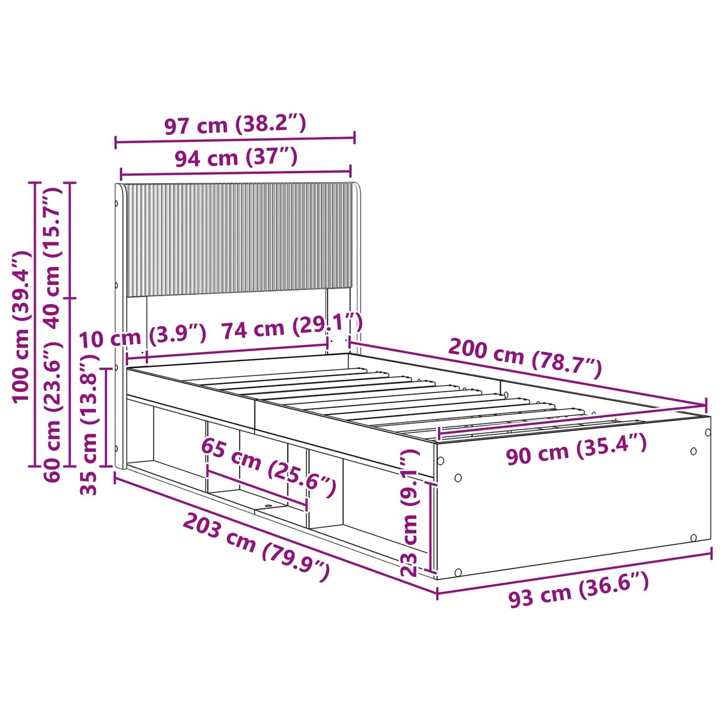 Sengramme med oppbevaring og hodegavl Artisan eik 90 x 200 cm
