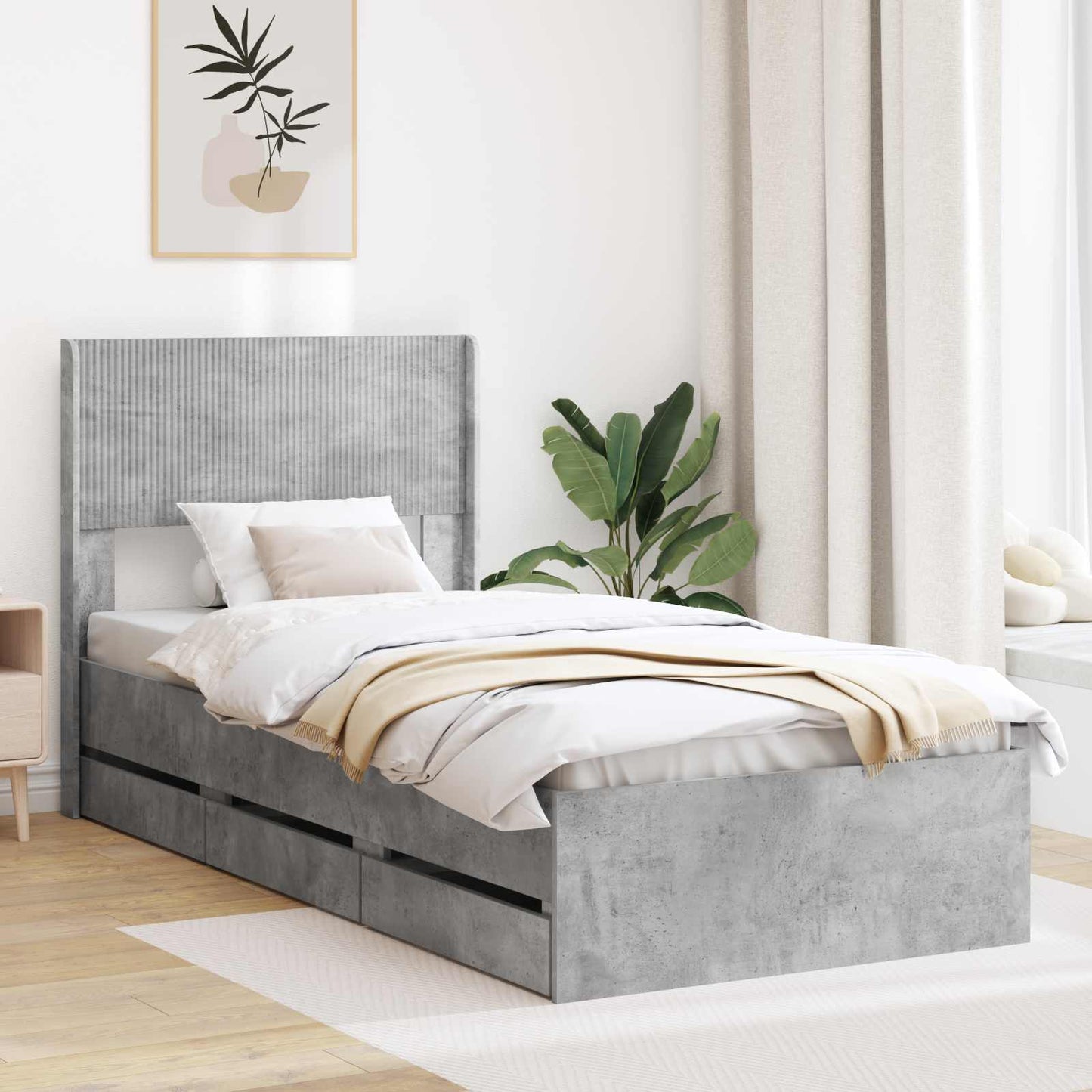 Sengramme med oppbevaring og hodegavl Betonggrå 75 x 190 cm