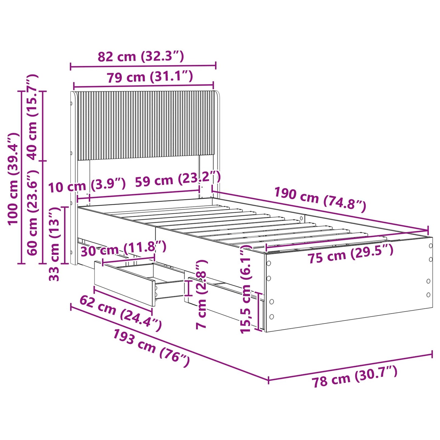 Sengramme med oppbevaring og hodegavl Betonggrå 75 x 190 cm