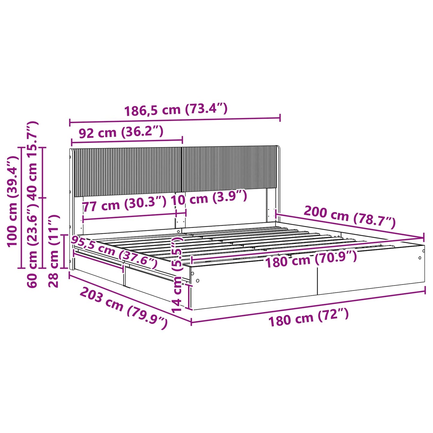 Sengramme med oppbevaring og hodegavl Røkt Eik 180 x 200 cm