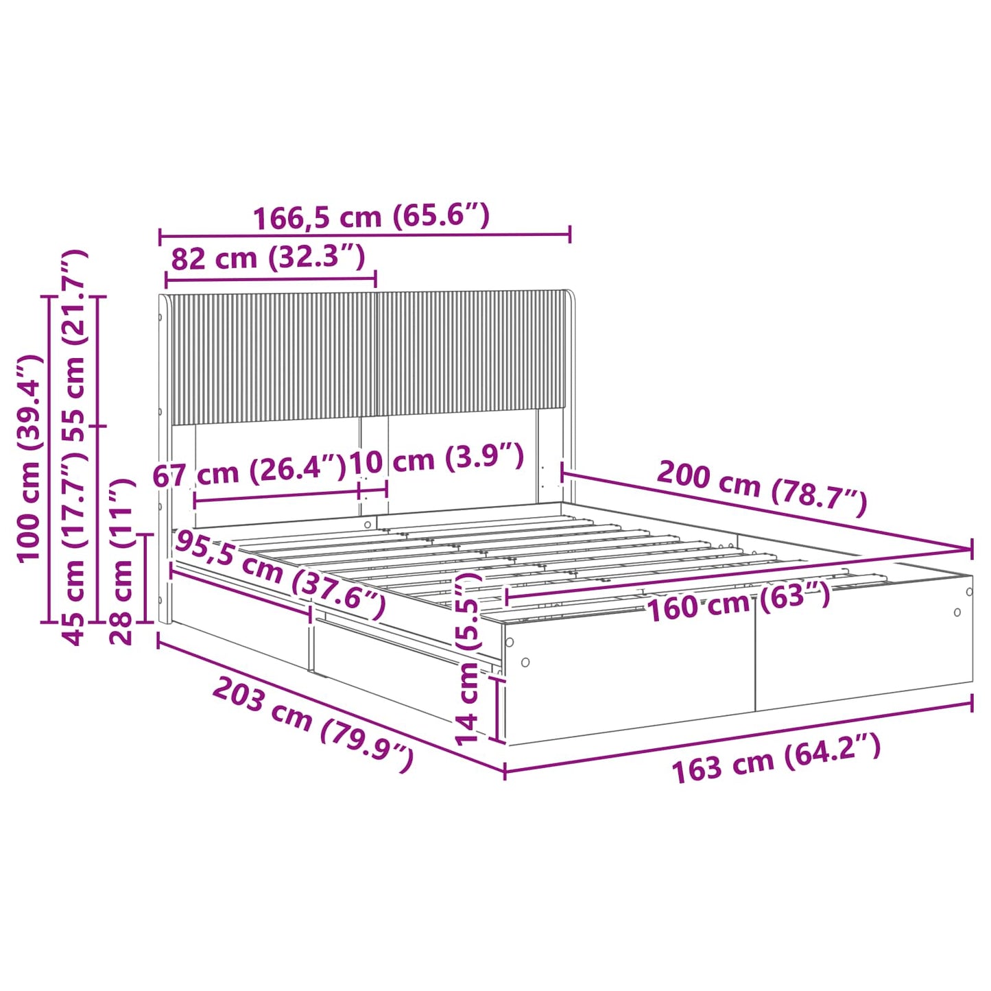 Sengramme med oppbevaring og hodegavl Røkt Eik 160 x 200 cm
