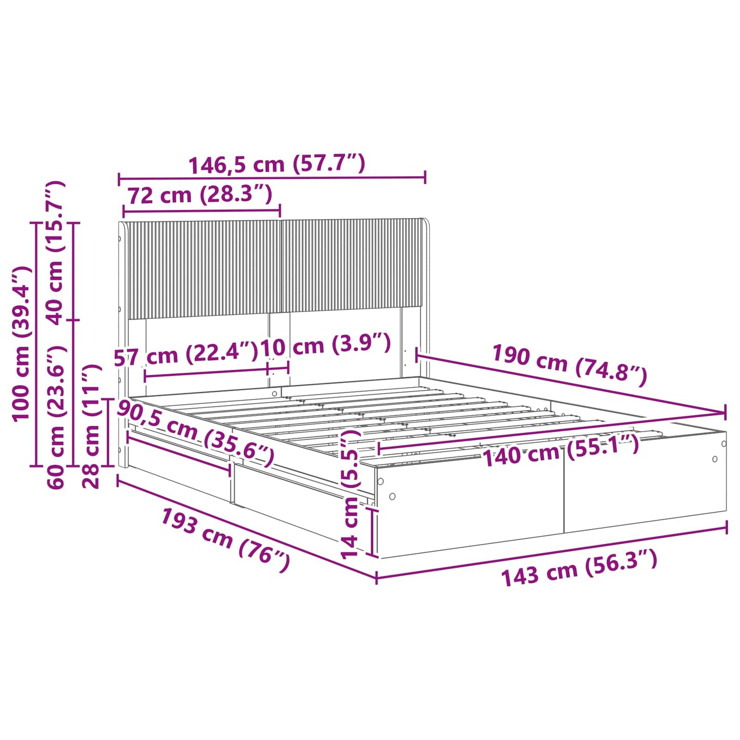 Sengramme med oppbevaring og hodegavl Sonoma eik 140 x 200 cm