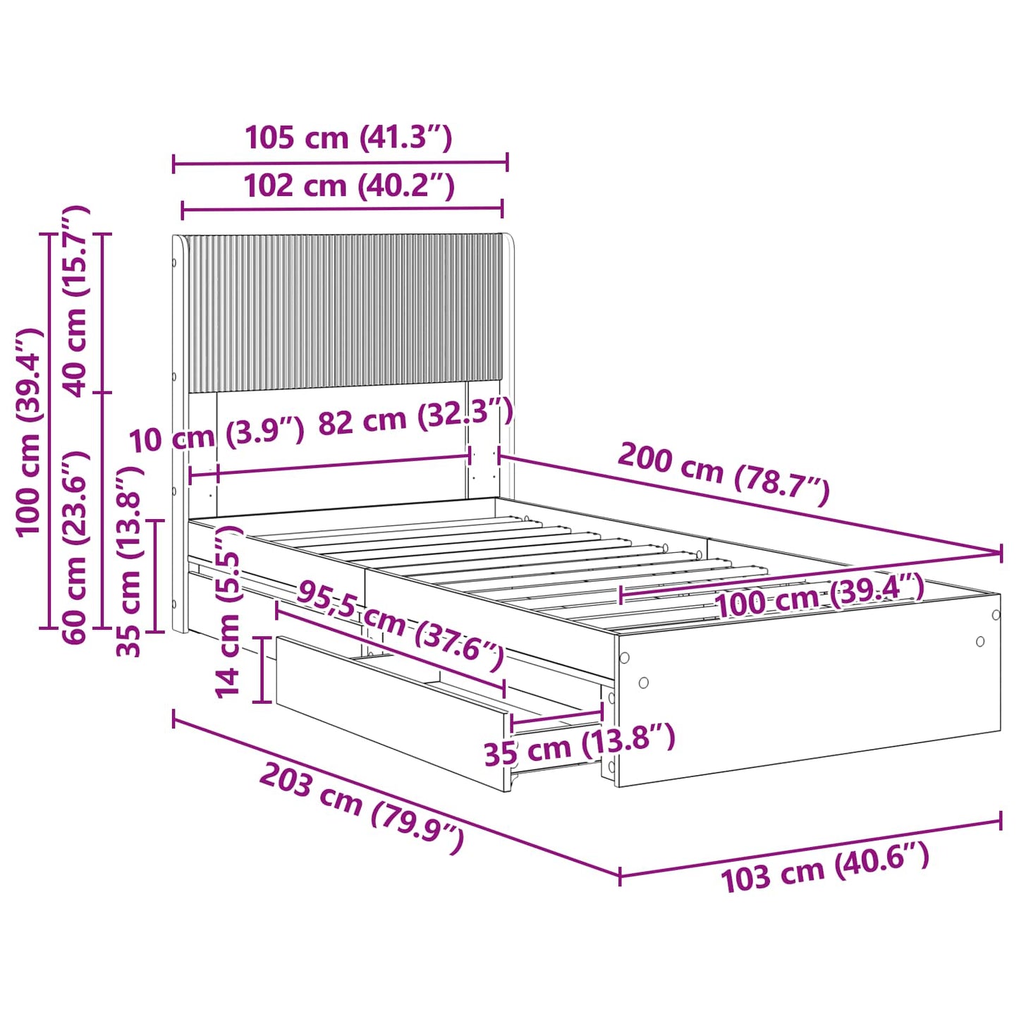 Sengramme med oppbevaring og hodegavl Sonoma eik 100 x 200 cm