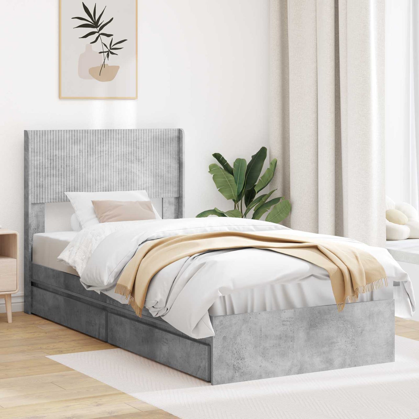 Sengramme med oppbevaring og hodegavl Betonggrå 90 x 190 cm