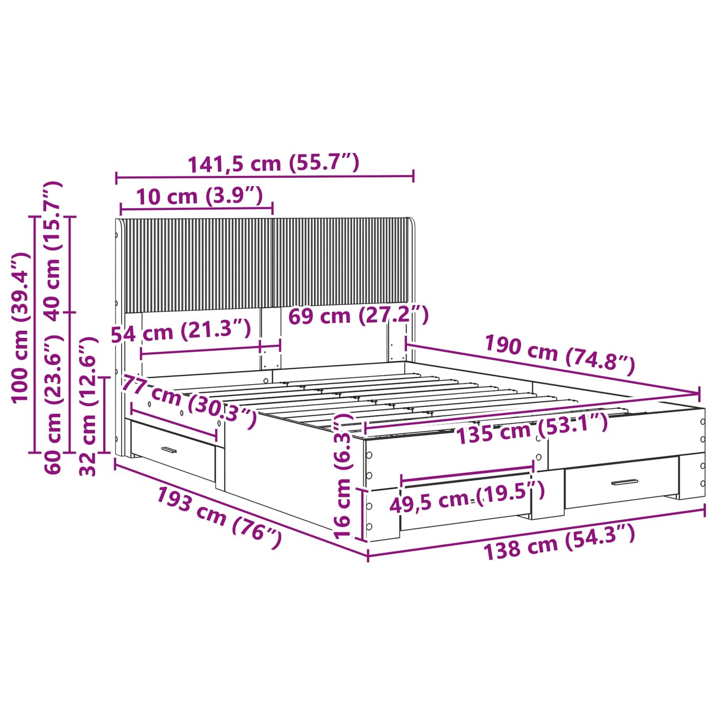 Sengramme med oppbevaring og hodegavl Svart 135 x 190 cm