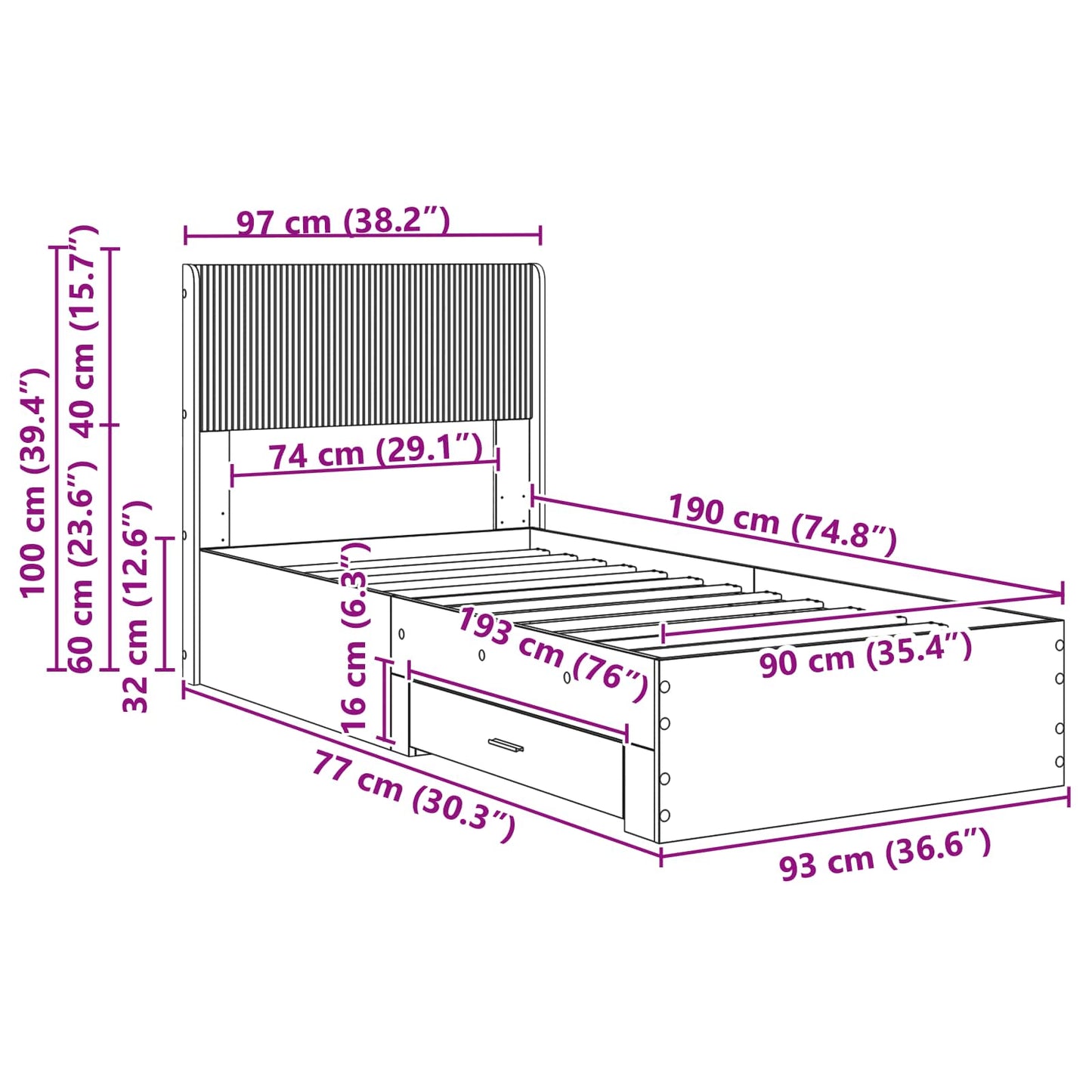Sengramme med oppbevaring og hodegavl Sonoma eik 90 x 190 cm