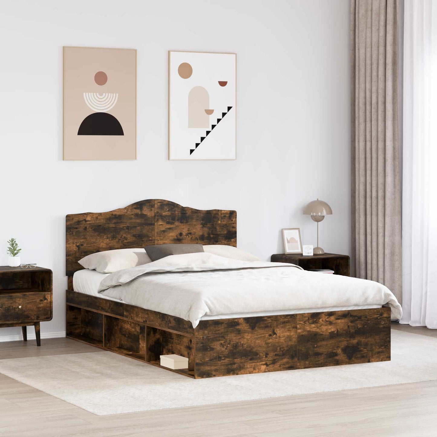 Sengestamme med hodegjerde Røkt eik 150 x 200 cm Massiv furu