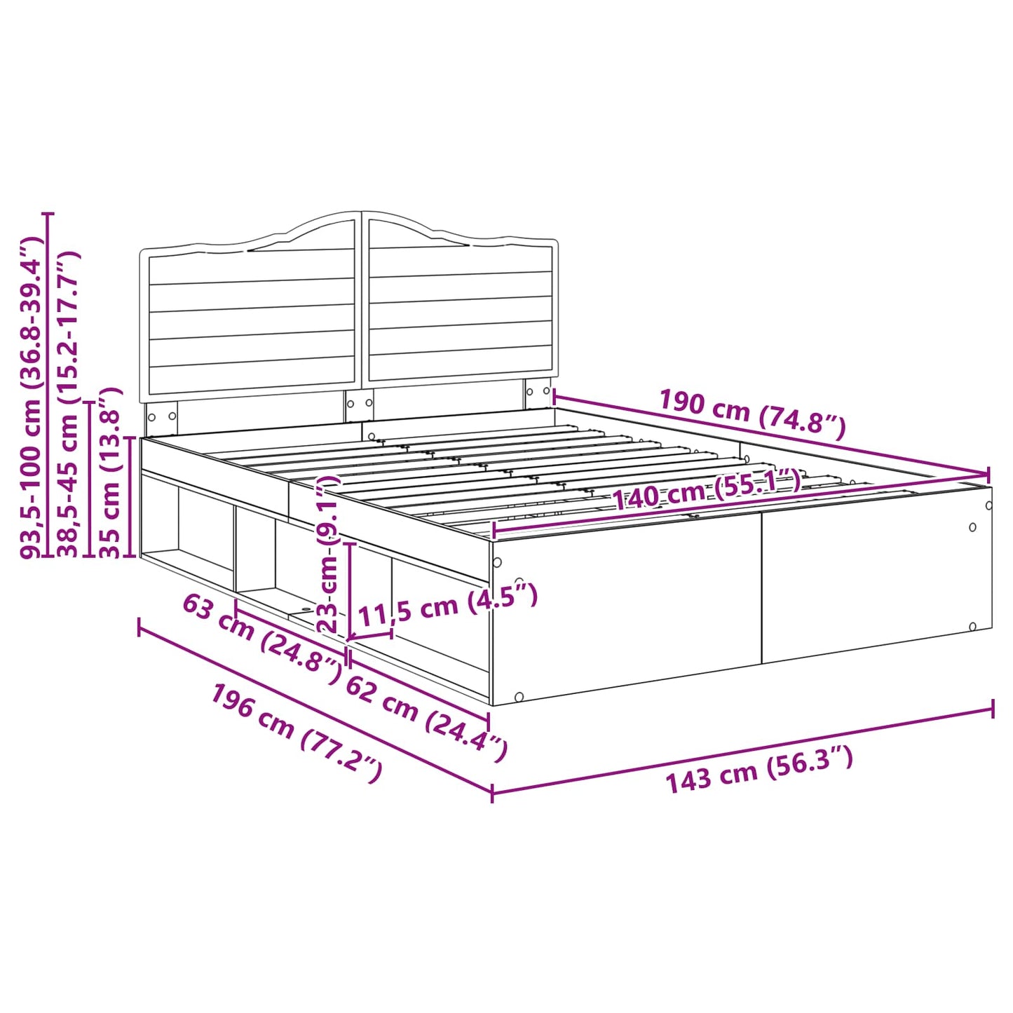 Sengestamme med hodegjerde Sonoma 140 x 190 cm Massiv furu