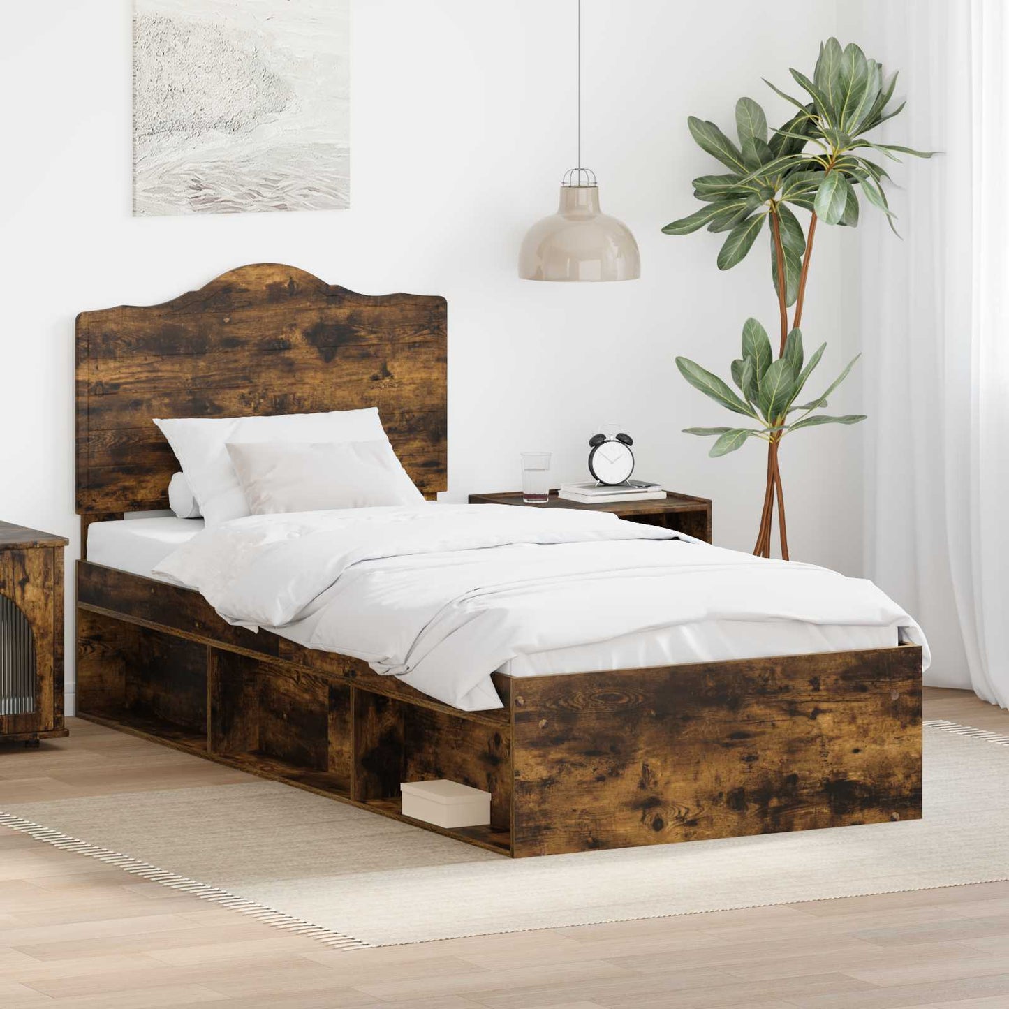 Sengestamme med hodegjerde Røkt eik 90 x 200 cm Massiv furu