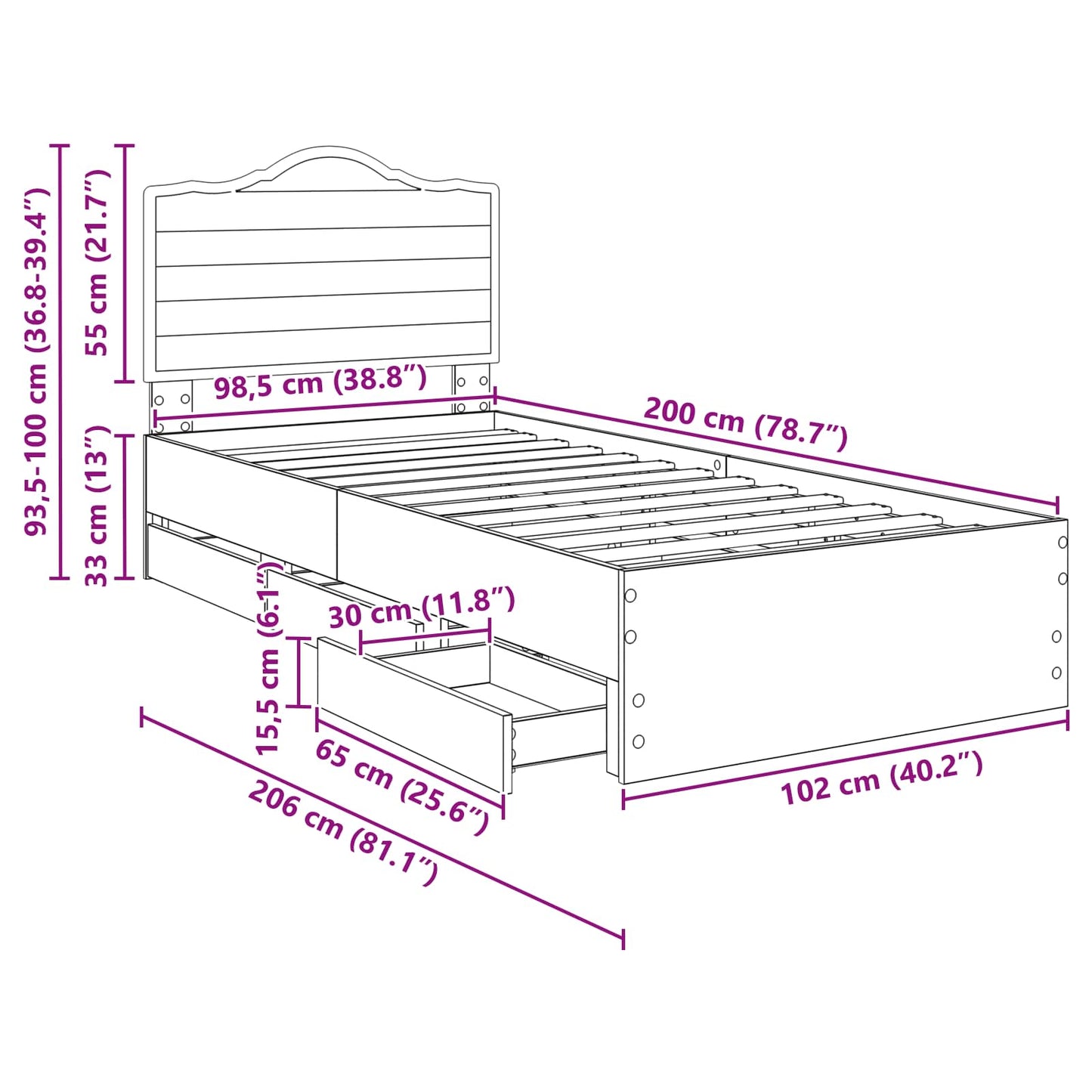 Sengestamme med skuff Svart 100 x 200 cm Ingeniørtre