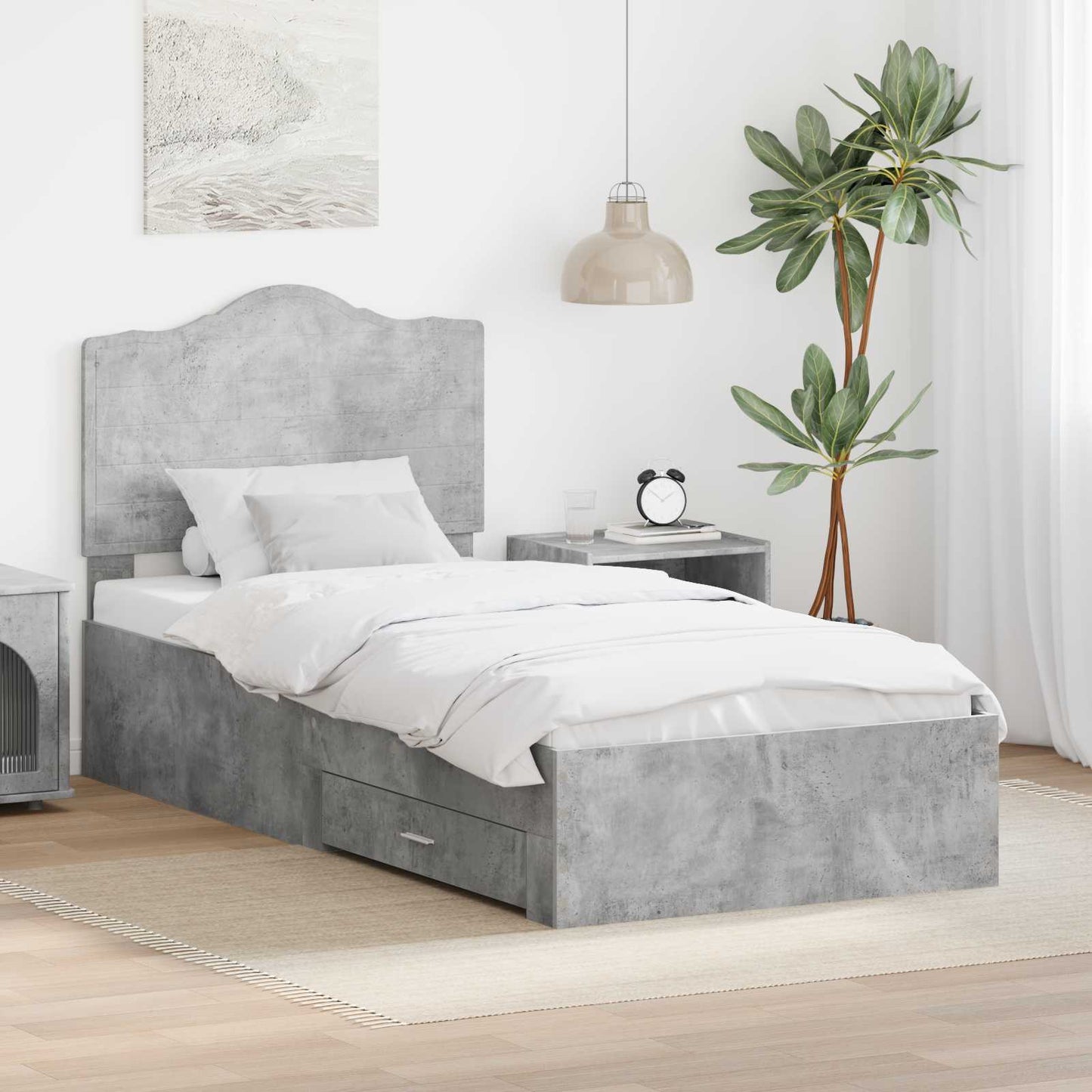 Sengestamme med hodegjerde Betonggrå 90 x 190 cm Konstruert tre