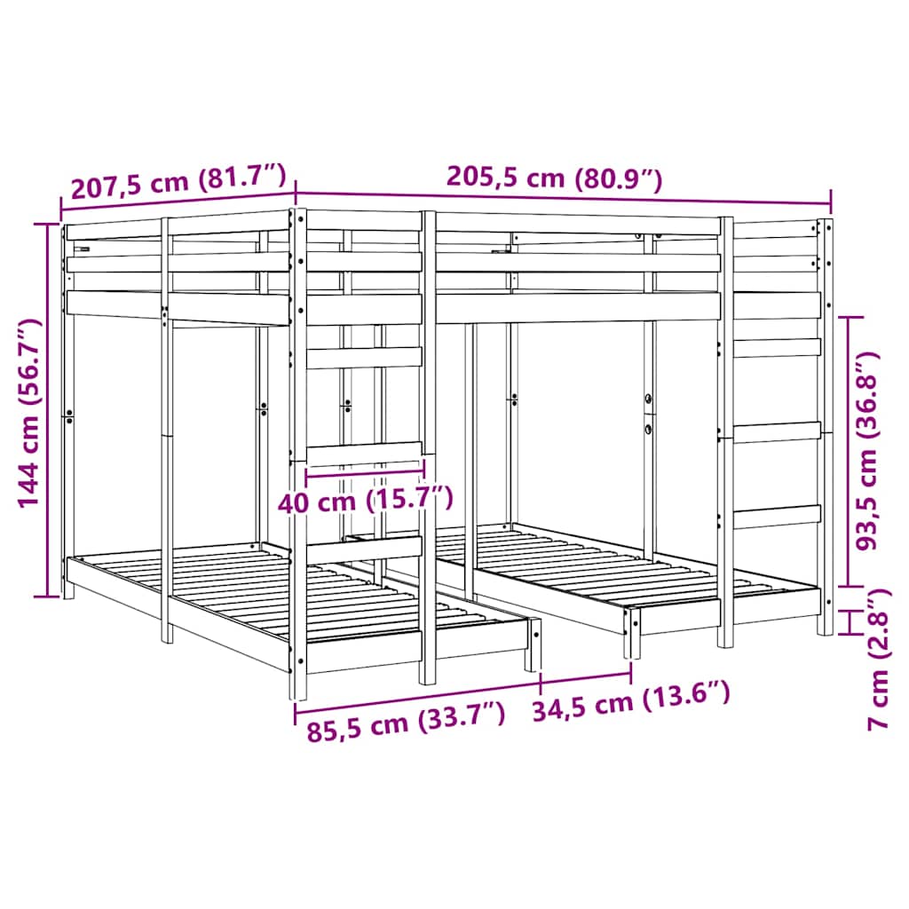 Trippel Køyesengramme Hvit 200 x 200 cm Massiv furu