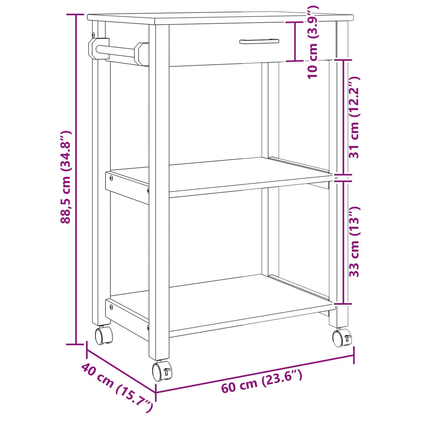 Kjøkkenvogn MONZA Svart 60 x 40 x 88,5 cm Massiv furu