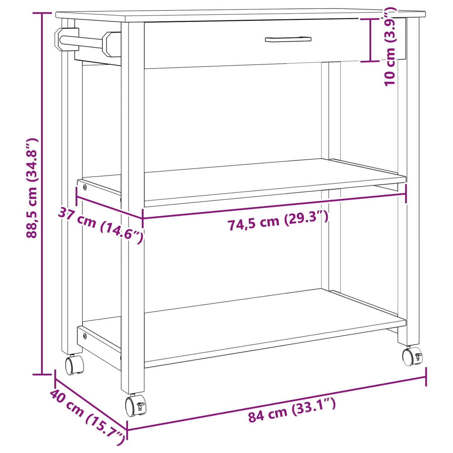Kjøkkenvogn MONZA Svart 84 x 40 x 88,5 cm Massiv furu