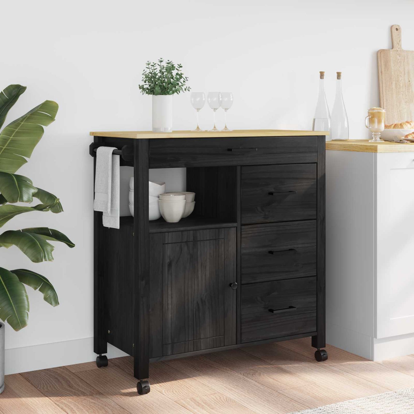 Kjøkkenvogn MONZA Svart 84 x 40 x 88,5 cm Massiv furu