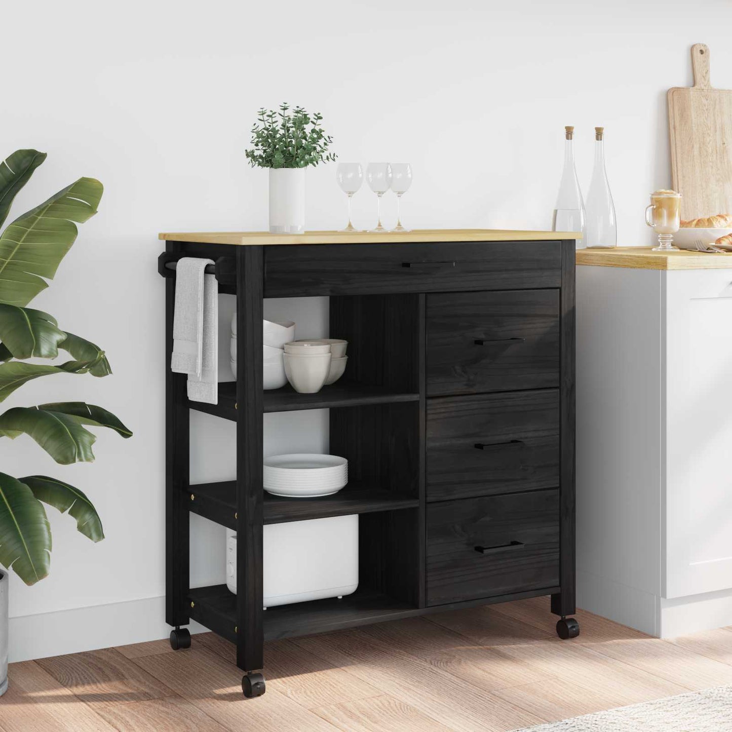 Kjøkkenvogn MONZA Svart 84 x 40 x 88,5 cm Massiv furu