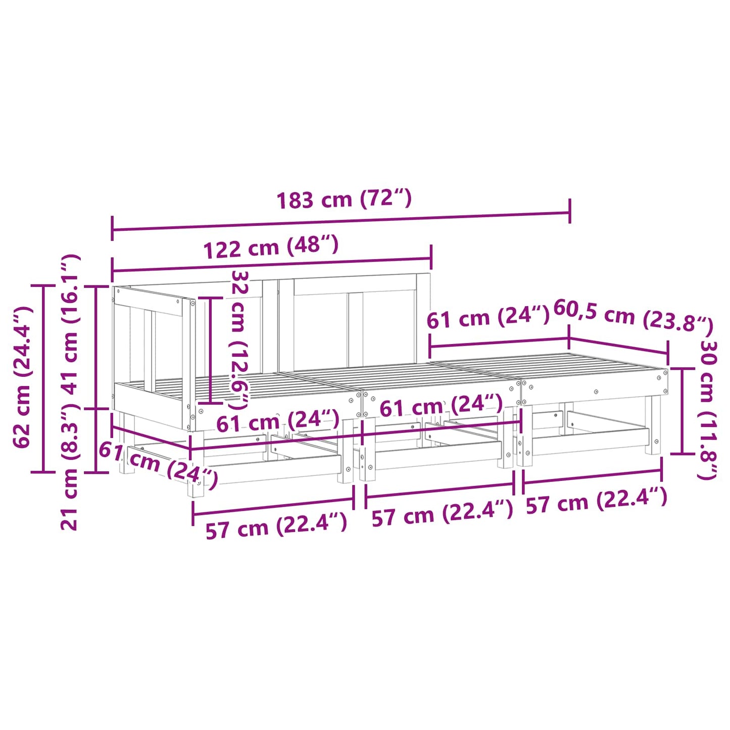 Sekjsonsofaenheter VoksBrun 183 x 61 x 62 cm Massiv furu