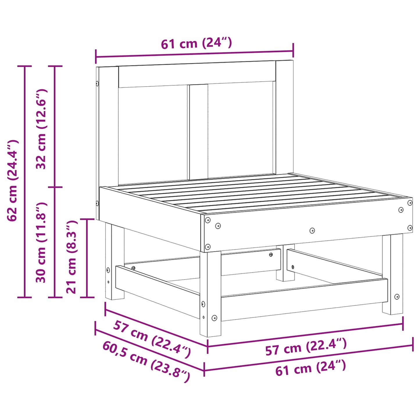 Hagemøbel Midtsofa Massiv furu VoksBrun 61 x 60,5 x 62 cm