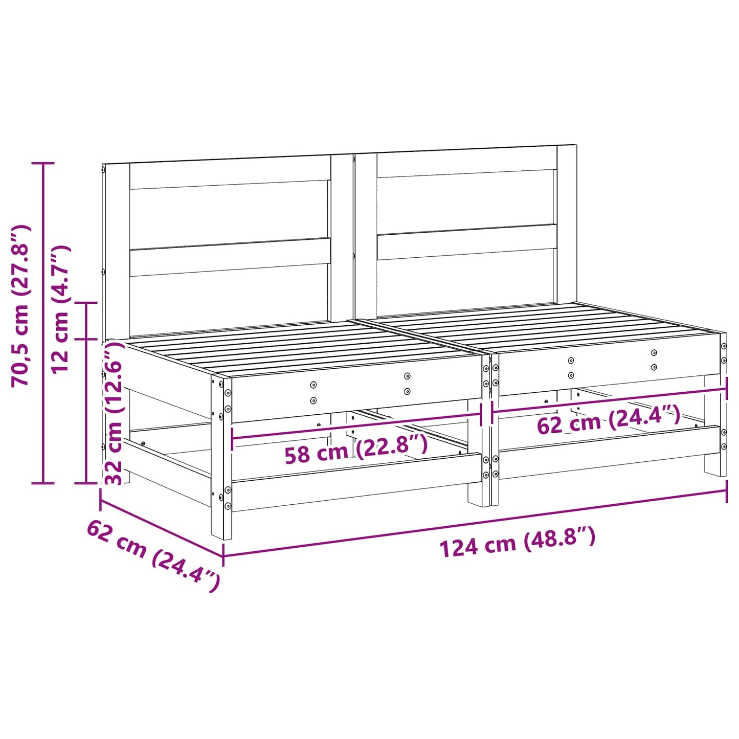 Hagemøbel Midtsofa Massiv furu VoksBrun 124 x 62 x 70,5 cm vidaXL