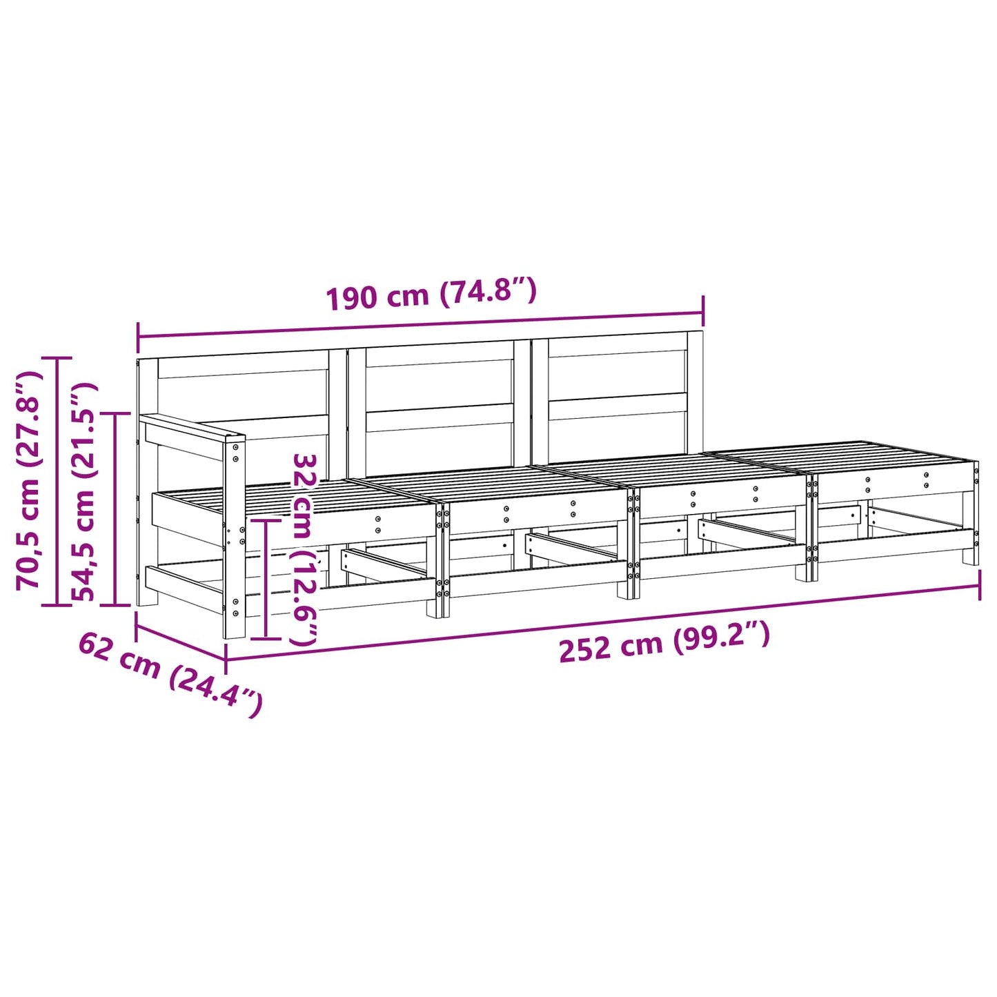 Sekjsonsofaenheter VoksBrun 252 x 62 x 70,5 cm Massiv furu