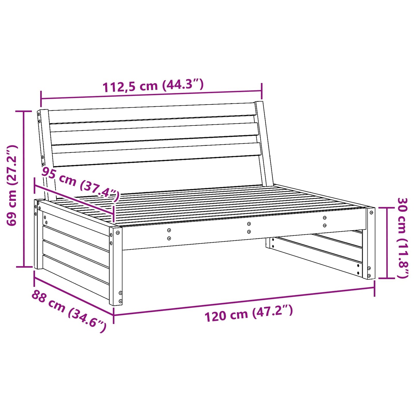 Hagemøbel Midtsofa Massiv furu VoksBrun 120 x 95 x 69 cm